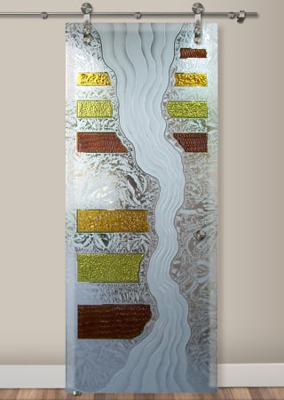 Glass Barn Door with a sandblast Frosted Glass Abstract Design Custom-Designed Decorative Etched Glass