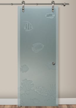 Private Sliding Glass Barn Door with Sandblast Etched Glass Art by Sans Soucie Featuring Tropical Fish Oceanic Design