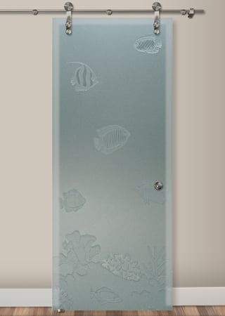 Glass Barn Door showcasing a Frosted Glass Oceanic Design with Sandblast Etched Glass Art by Sans Soucie Tropical Fish Design