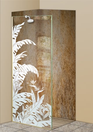 Shower Partition with a sandblast Frosted Glass Tropical Design Custom-Designed Decorative Etched Glass