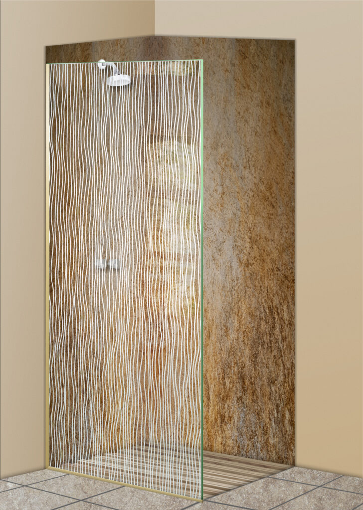 Decorative frameless glass shower divider with vertical frosted line design in a modern walk-in shower.