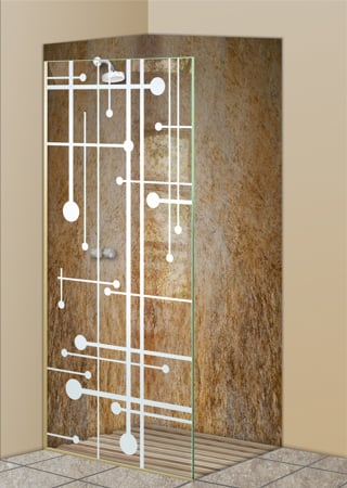 Shower Partition with a sandblast Frosted Glass Geometric Design Custom-Designed Decorative Etched Glass