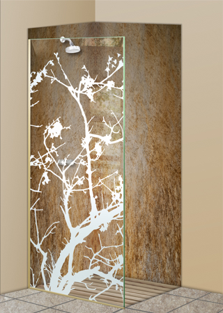 Shower Partition with Frosted Glass Asian Wild Cherry Design by Sans Soucie