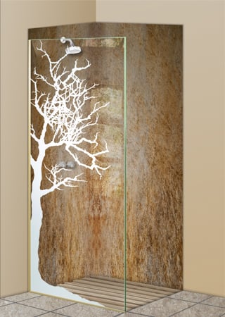 Shower Partition featuring a Frosted Glass Tree Design Sandblast Etched Glass Winter Tree Design by Sans Soucie