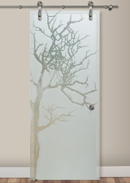 Handmade Sandblasted Frosted Glass Sliding Glass Barn Door for Private Featuring a Trees Design Winter Tree by Sans Soucie