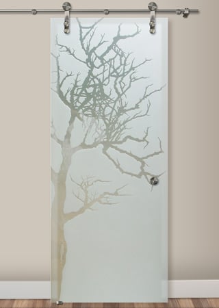 Glass Barn Door featuring a Frosted Glass Tree Design Sandblast Etched Glass Winter Tree Design by Sans Soucie