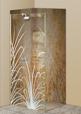 Shower Partition with Frosted Glass Foliage Wispy Reeds Design by Sans Soucie
