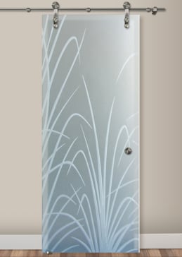 Sliding Glass Barn Door with Frosted Glass Foliage Wispy Reeds Design by Sans Soucie