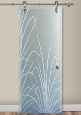 Glass Barn Door with Frosted Glass Foliage Wispy Reeds Design by Sans Soucie