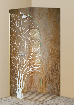 Art Glass Shower Panel Featuring Sandblast Frosted Glass by Sans Soucie for Not Private with Trees Wispy Tree Design