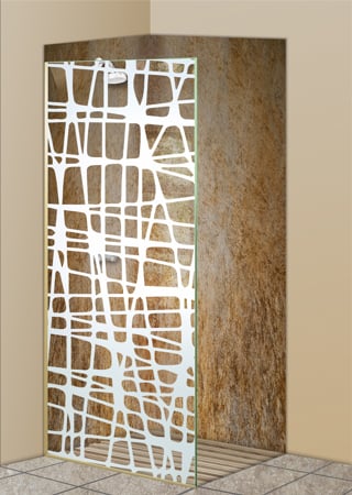 Shower Partition featuring Frosted Glass Design Etched Glass by Sans Soucie Art Glass with Custom Geometric Design Woven