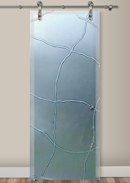 Handcrafted Etched Glass Sliding Glass Barn Door by Sans Soucie Art Glass with Custom Geometric Design Called Linean Creating Semi-Private