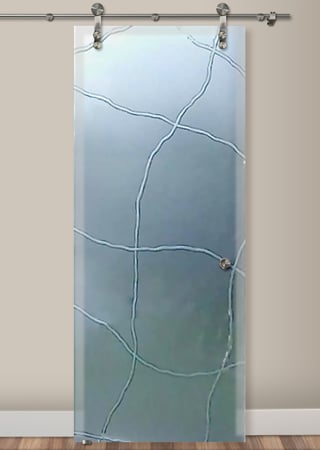 Glass Barn Door featuring Frosted Glass Design Etched Glass by Sans Soucie Art Glass with Custom Geometric Design Linean