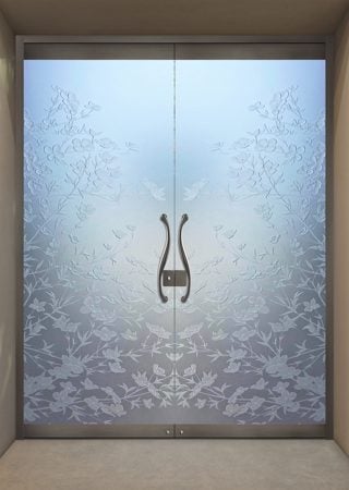 All Glass Front Door with a sandblast Frosted Glass Floral Design Custom-Designed Decorative Etched Glass