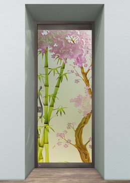 Art Glass Exterior Glass Door Featuring Sandblast Frosted Glass by Sans Soucie for Private with Asian Cherry Blossom Bamboo Design