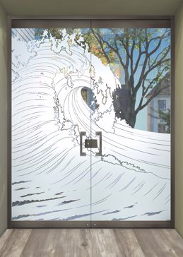 Art Glass Exterior Glass Door Featuring Sandblast Frosted Glass by Sans Soucie for Not Private with Oceanic Curl Design