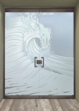Art Glass Exterior Glass Door Featuring Sandblast Frosted Glass by Sans Soucie for Private with Oceanic Curl Design