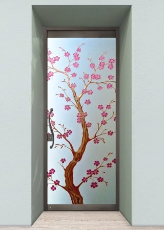 All Glass Front Door with Frosted Glass Asian Delicate Cherry Blossom Design by Sans Soucie