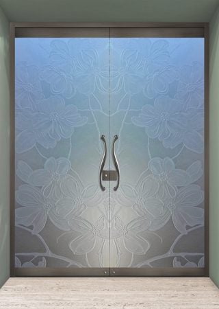 All Glass Front Door featuring a Frosted Glass Floral Design Sandblast Etched Glass Dogwood Design by Sans Soucie