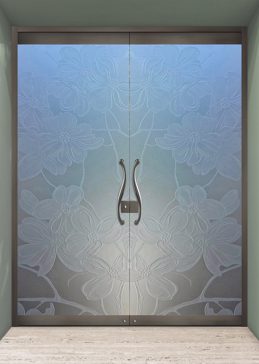 Handmade Sandblasted Frosted Glass Exterior Glass Door for Private Featuring a Floral Design Dogwood by Sans Soucie