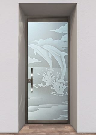 All Glass Front Door with a sandblast Frosted Glass Oceanic Design Custom-Designed Decorative Etched Glass