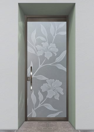 All Glass Front Door with a sandblast Frosted Glass Tropical Design Custom-Designed Decorative Etched Glass