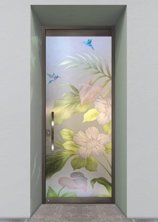 All Glass Front Door featuring a Frosted Glass Tropical Design Sandblast Etched Glass Hibiscus Anthurium Design by Sans Soucie