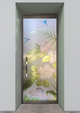 Handmade Sandblasted Frosted Glass Exterior Glass Door for Private Featuring a Tropical Design Hibiscus Anthurium by Sans Soucie