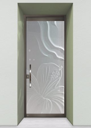 All Glass Front Door showcasing a Frosted Glass Tropical Design with Sandblast Etched Glass Art by Sans Soucie Hibiscus Ripples Design