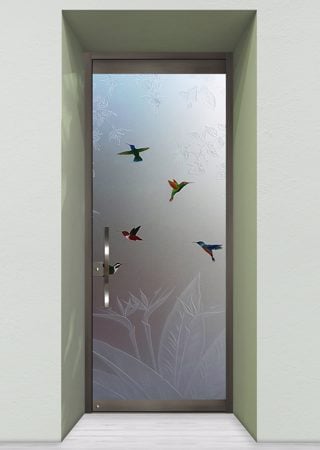 All Glass Front Door with a sandblast Frosted Glass Tropical Design Custom-Designed Decorative Etched Glass