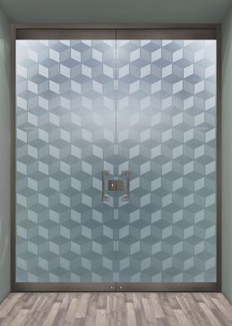 Art Glass Exterior Glass Door Featuring Sandblast Frosted Glass by Sans Soucie for Private with Geometric Illusion Cubes Design