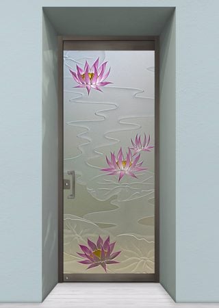 All Glass Front Door featuring a Frosted Glass Floral Design Sandblast Etched Glass Lily Pads & Lotus Design by Sans Soucie