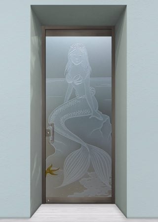 All Glass Front Door featuring Frosted Glass Design Etched Glass by Sans Soucie Art Glass with Custom Oceanic Design Mermaid Princess