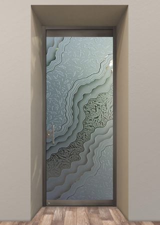 All Glass Front Door with a sandblast Frosted Glass Abstract Design Custom-Designed Decorative Etched Glass