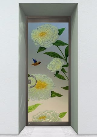 All Glass Front Door showcasing a Frosted Glass Floral Design with Sandblast Etched Glass Art by Sans Soucie Peonies Design