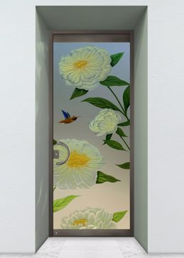 Private Exterior Glass Door with Sandblast Etched Glass Art by Sans Soucie Featuring Peonies Floral Design