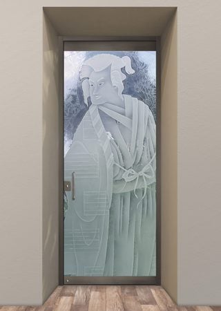 All Glass Front Door featuring a Frosted Glass Asian Design Sandblast Etched Glass Samurai Design by Sans Soucie