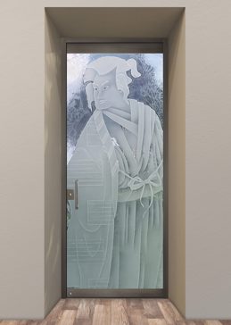 Handmade Sandblasted Frosted Glass Exterior Glass Door for Semi-Private Featuring a Asian Design Samurai by Sans Soucie