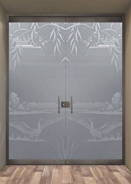 Handmade Sandblasted Frosted Glass Exterior Glass Door for Private Featuring a Wildlife Design Swans on the Lake by Sans Soucie