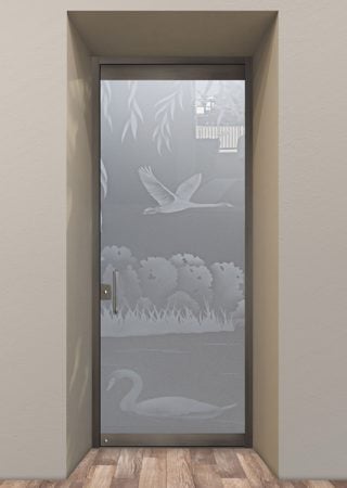 All Glass Front Door with Frosted Glass Wildlife Swans on the Lake II Design by Sans Soucie
