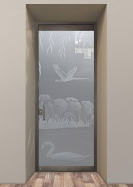 Exterior Glass Door with Frosted Glass Wildlife Swans on the Lake II Design by Sans Soucie