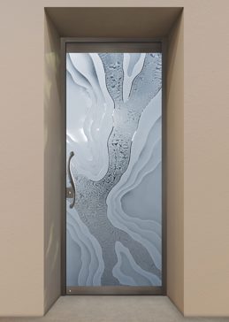 Semi-Private Exterior Glass Door with Sandblast Etched Glass Art by Sans Soucie Featuring Abstract Liquid Abstract Design