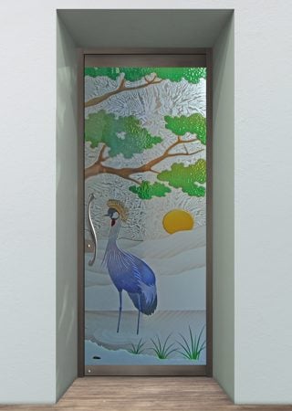 All Glass Front Door featuring Frosted Glass Design Etched Glass by Sans Soucie Art Glass with Custom African Design African Crane