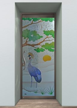 Handcrafted Etched Glass Exterior Glass Door by Sans Soucie Art Glass with Custom African Design Called African Crane Creating Semi-Private