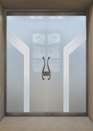 All Glass Front Door with Frosted Glass Geometric Angled Bands Design by Sans Soucie