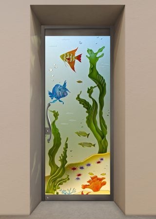 All Glass Front Door featuring a Frosted Glass Oceanic Design Sandblast Etched Glass Aquarium Fish Design by Sans Soucie