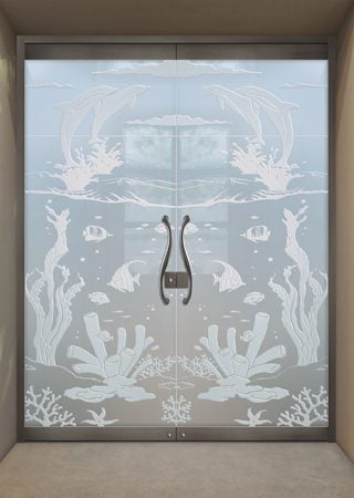All Glass Front Door featuring Frosted Glass Design Etched Glass by Sans Soucie Art Glass with Custom Oceanic Design Aquarium Dolphins