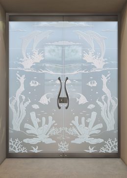 Handcrafted Etched Glass Exterior Glass Door by Sans Soucie Art Glass with Custom Oceanic Design Called Aquarium Dolphins Creating Private
