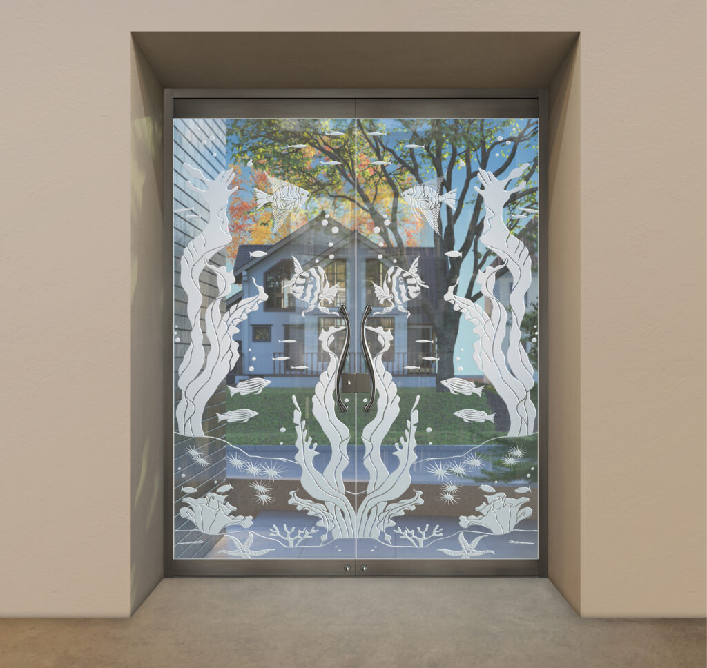 Frameless exterior glass door design with ocean-inspired theme