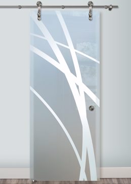 Private Sliding Glass Barn Door with Sandblast Etched Glass Art by Sans Soucie Featuring Arcos Geometric Design